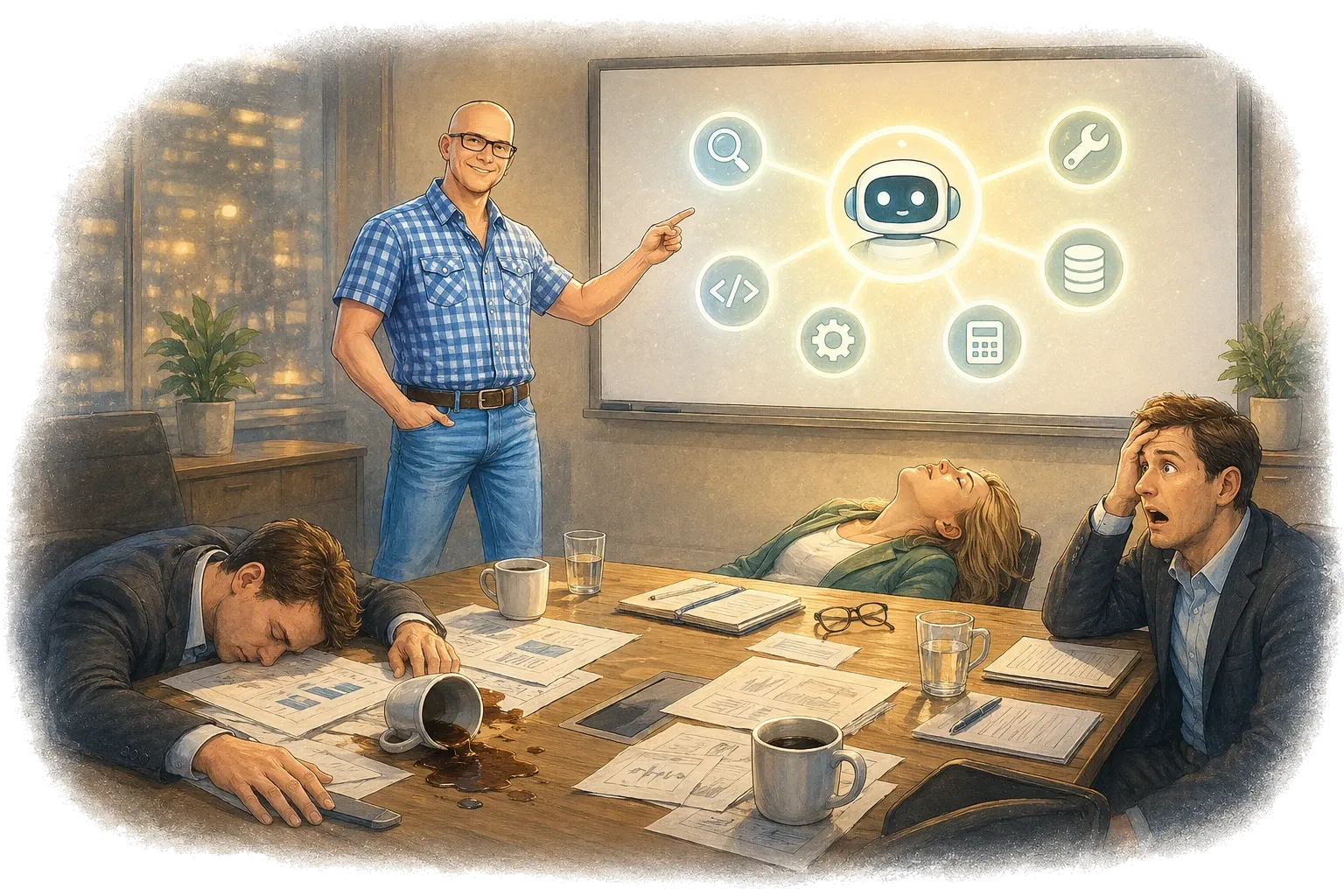 Stakeholders fainting directly onto a conference table