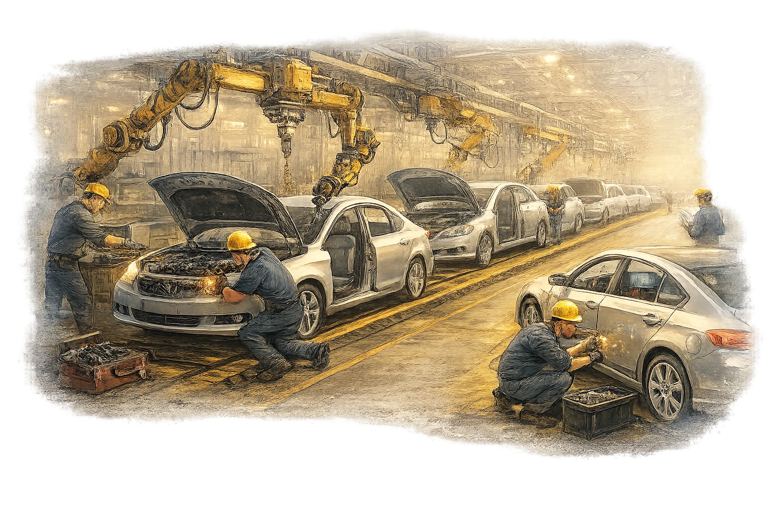 Cars moving through an automated production line